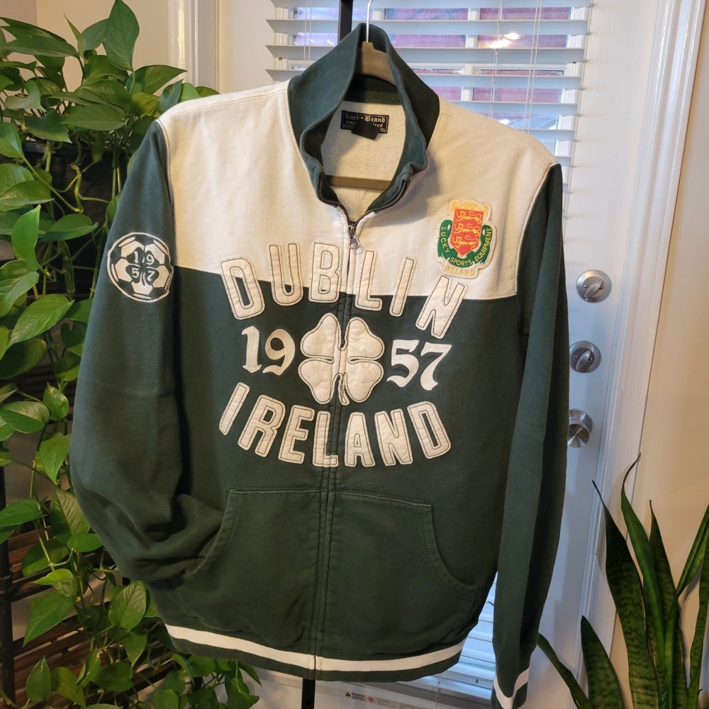 LUCKY BRAND VINTAGE INSPIRED MENS MED HEAVY COTTON TRACK JACKET PATCHES IRELAND
